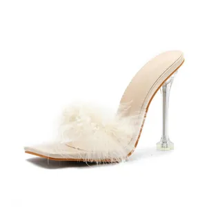 Elegant high heel mule featuring white fluffy fur strap and transparent glass heel