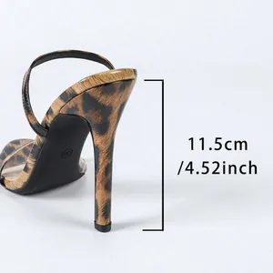 Detailed macro view showing the 11.5cm heel height on a leopard print stiletto sandal.