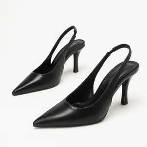 Elegant black PU leather pointed-toe slingback high-heel sandals with a slim heel.