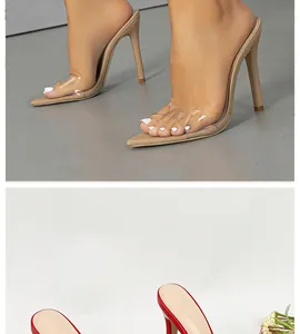 Detail showing pointed toe high heel mules with transparent strap and stiletto heel