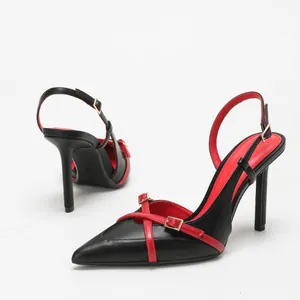 Elegante spitze Stilettosandalen in Schwarz und Rot mit Slingback-Riemen für Damen