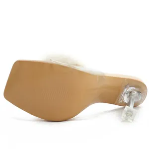 Detailed bottom view of transparent high heel sandal with faux fur and square toe sole