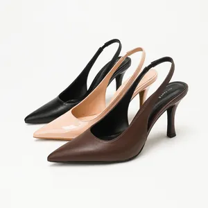 Elegant pointed toe slingback high heel pumps in black, nude, and brown PU leather