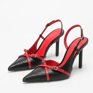 Elegante spitze Slingback-Stilettos in Schwarz-Rot-Kontrastoptik für Damen