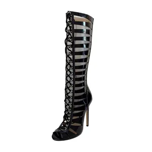 Sexy black patent leather cutout knee-high boots with stiletto heel and lace-up front