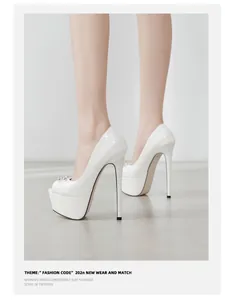 White peep-toe platform high heels with 16cm stiletto and silver studs detail.