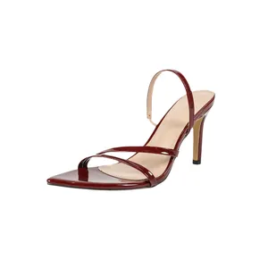 Elegant red stiletto sandals with glossy finish and thin straps for summer evening wear.