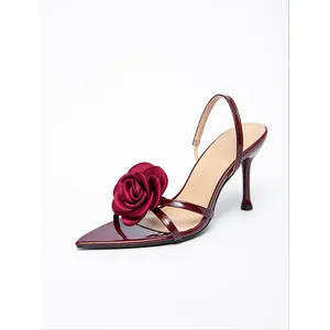 Burgundy patent leather pointed toe high heels with elegant 3D rose flower detail