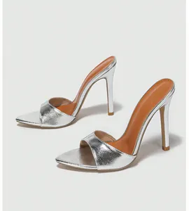 Elegant silver metallic high heeled stiletto mules with pointed toe for evening party.