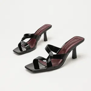Women's Mirror Patent Leather Sandals Cross Strap Square Toe Thick High Heel Mules Elegant Versatile Summer Beach Slide Shoes