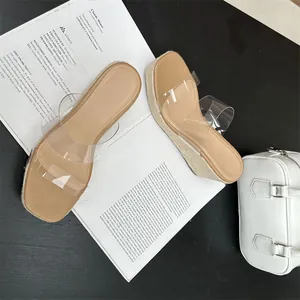 Transparent strap wedge slippers with square toe and espadrille platform sole