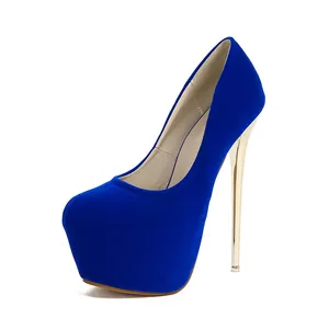 Detailed side view of the royal blue suede platform stiletto pump with elegant gold heel