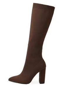 Elegant dark brown knit elastic sock boot featuring pointed toe and chunky high heel detail