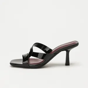 Elegant black patent leather cross-strap mules with square toe and slim high heel