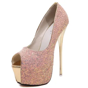 Elegant rose gold glitter peep-toe platform pumps with high stiletto heels for weddings