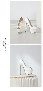 Detail shot of white peep-toe platform heels with metallic stud accents on stiletto base.