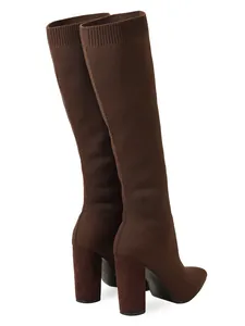 Stylish brown knit stretch over-the-knee boots featuring chunky high heel and pointed toe