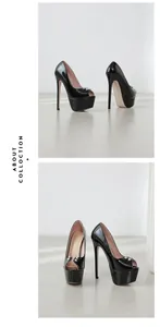 Detail view of black 16cm platform peep toe pumps with silver stud embellishments.