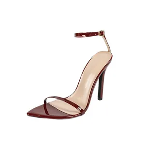 Wine red patent leather high heel sandals with ankle strap and sexy pointed open toe