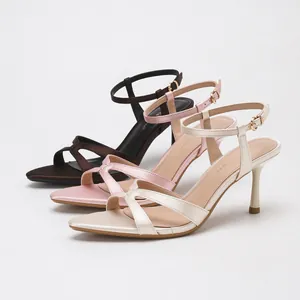 Elegant satin cross-strap high heel sandals with ankle buckle, available in multiple colors