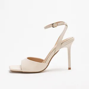 Elegant nude PU stiletto sandals with square toe and ankle strap for summer women