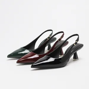 French style mirror finish pointed toe slingback heels in black, burgundy and green
