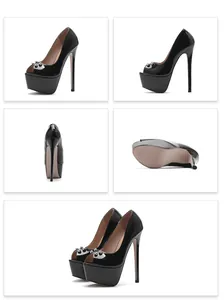 Multi-angle view of black peep-toe platform heels with stud details and 16cm height
