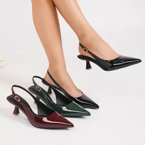 French style glossy pointed-toe slingback pumps with low kitten heels for commuting.