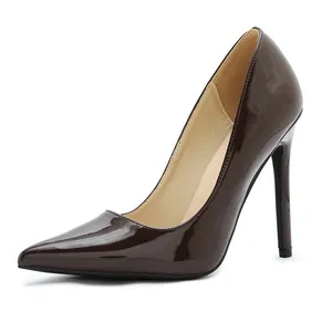 Detail view of elegant brown patent leather stiletto pumps with a pointed toe design.