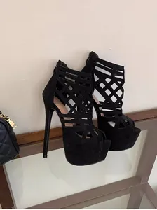Black 16cm stiletto high heels with platform and hollow cut-out design for stage