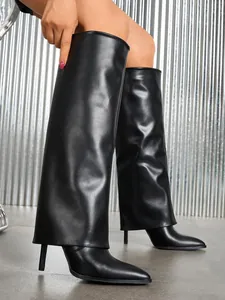 Stylish black pointed-toe stiletto trouser boots featuring a modern wide shaft design