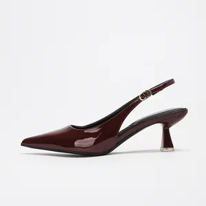 Elegant maroon patent leather pointed toe slingback heels with stylish flared low heel