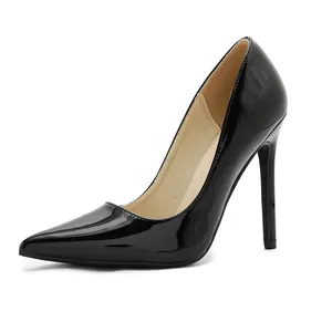 Detailed side view of elegant black patent leather pointed-toe stiletto high heels