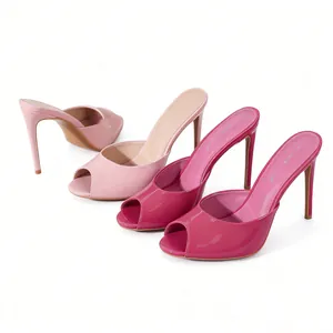 Elegant patent leather peep-toe stiletto mules displayed in various shades of pink.