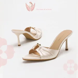 Women Pointed Toe Stiletto Heel Satin Mules Elegant Pleated Slide Sandals With Metal Bead Office Party High Heel Slippers