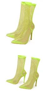 Neon green mesh rhinestone high heel stiletto boots with pointed toe design