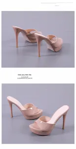 Nude pink patent leather platform high heel mules with sexy peep-toe design details