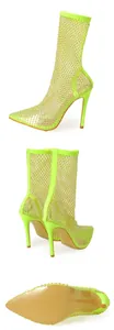 Neon green mesh stiletto ankle boots with rhinestones shown from multiple display angles