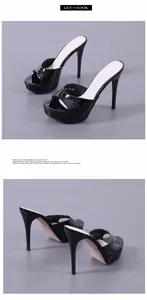 Multiple angle views of black patent leather platform high heel stiletto sandals