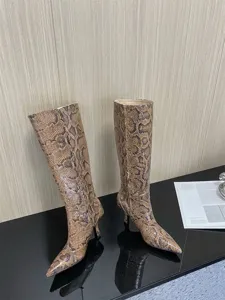Stylish brown snake-print knee-high boots with pointed toe and slim high heels