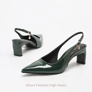Escarpins à Bride Arrière pour Femme à Bout Pointu et Talon Bloc Cuir Verni Talons Hauts Chaussures de Bureau Élégantes Fête