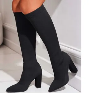Women Knitted Stretch Boots Pointed Toe Chunky High Heel Mid Calf Over The Knee Boots Elastic Sock Boots Fashion Sexy Ladies Dress Shoes
