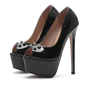 Black patent leather peep-toe platform heels with rivet studs, 16cm super high stiletto