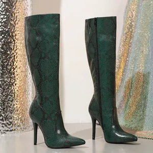 Elegant green snake-skin knee-high boots featuring pointed toe and high stiletto heel