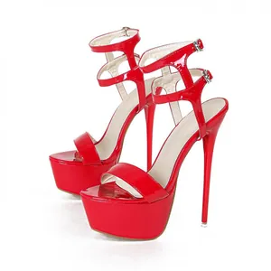 Elegant red 16cm platform stiletto heels with shiny patent leather finish for women