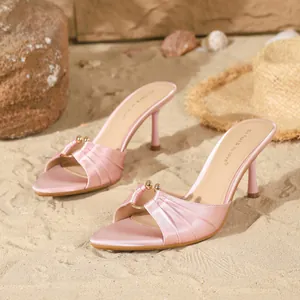 Elegant pink satin pointed toe stiletto mules for women's outdoor summer wear
