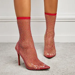 Stylish red rhinestone mesh ankle boots with thin high heels and pointed toe design