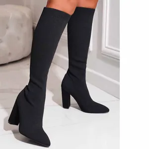 Elegant black knitted elastic pointed toe chunky high heel mid-calf boots for women