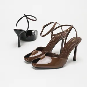 Elegant mirror finish peep-toe high-heeled sandals with sleek adjustable ankle straps