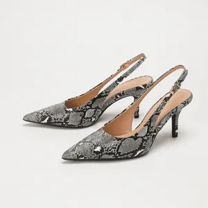 Elegant snake print pointed-toe slingback stiletto pumps for women in grey and white